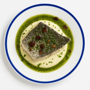 Corball amb salsa d'algues i bolets